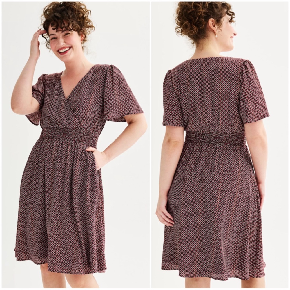 DRAPER JAMES Women Size XL Burgundy Flutter Sleeve Fit & Flare Knee-Length Dress